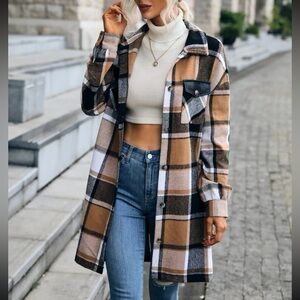 SHEIN Essnce Plaid Print Drop Shoulder Flap Pocket Overcoat